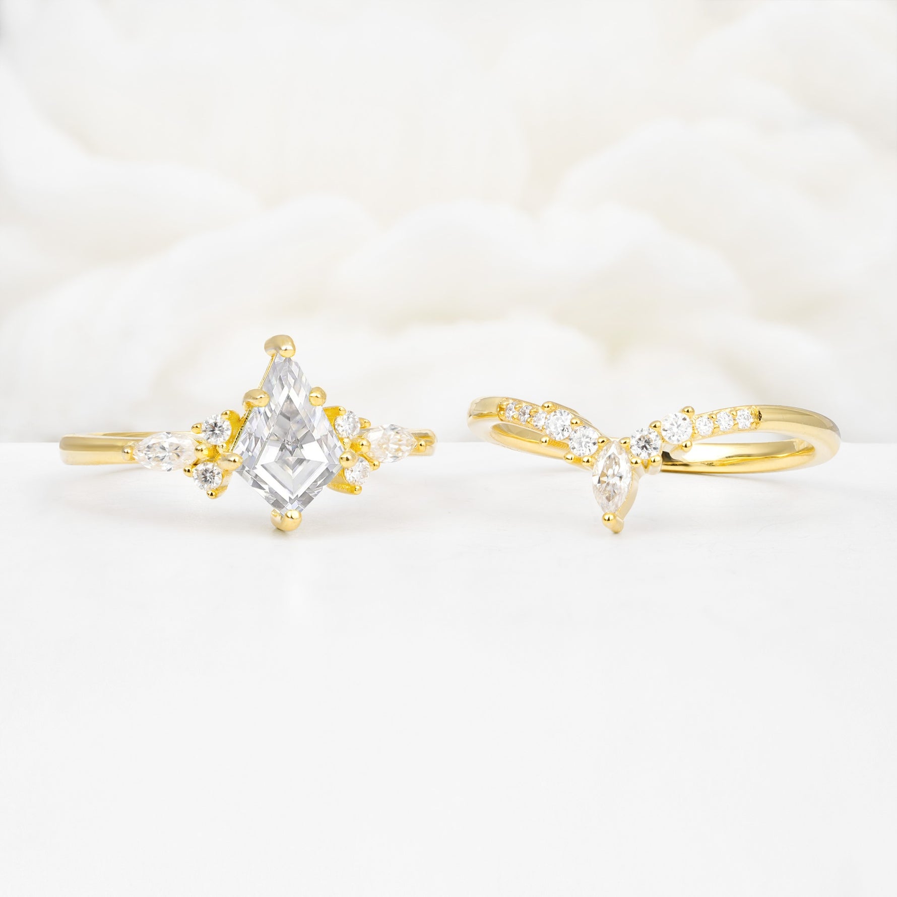 Vintage Kite Cut Split Shank Crown Moissanite Bridal Ring Set - White-Gold