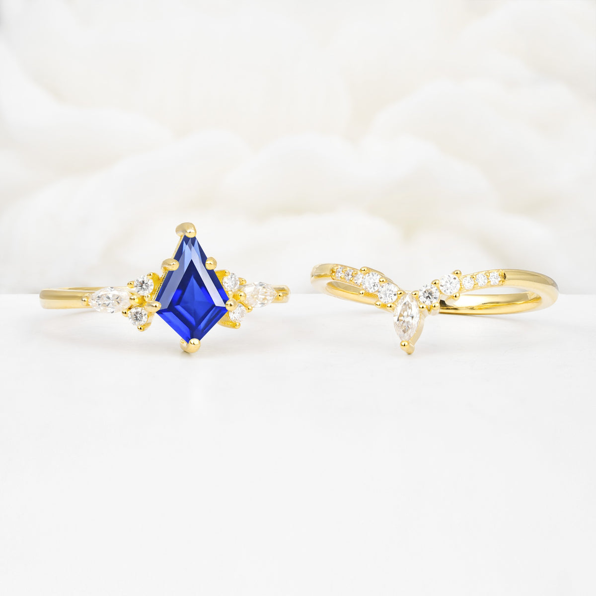 Vintage Kite Cut Split Shank Crown Sapphire Bridal Ring Set - White-Gold