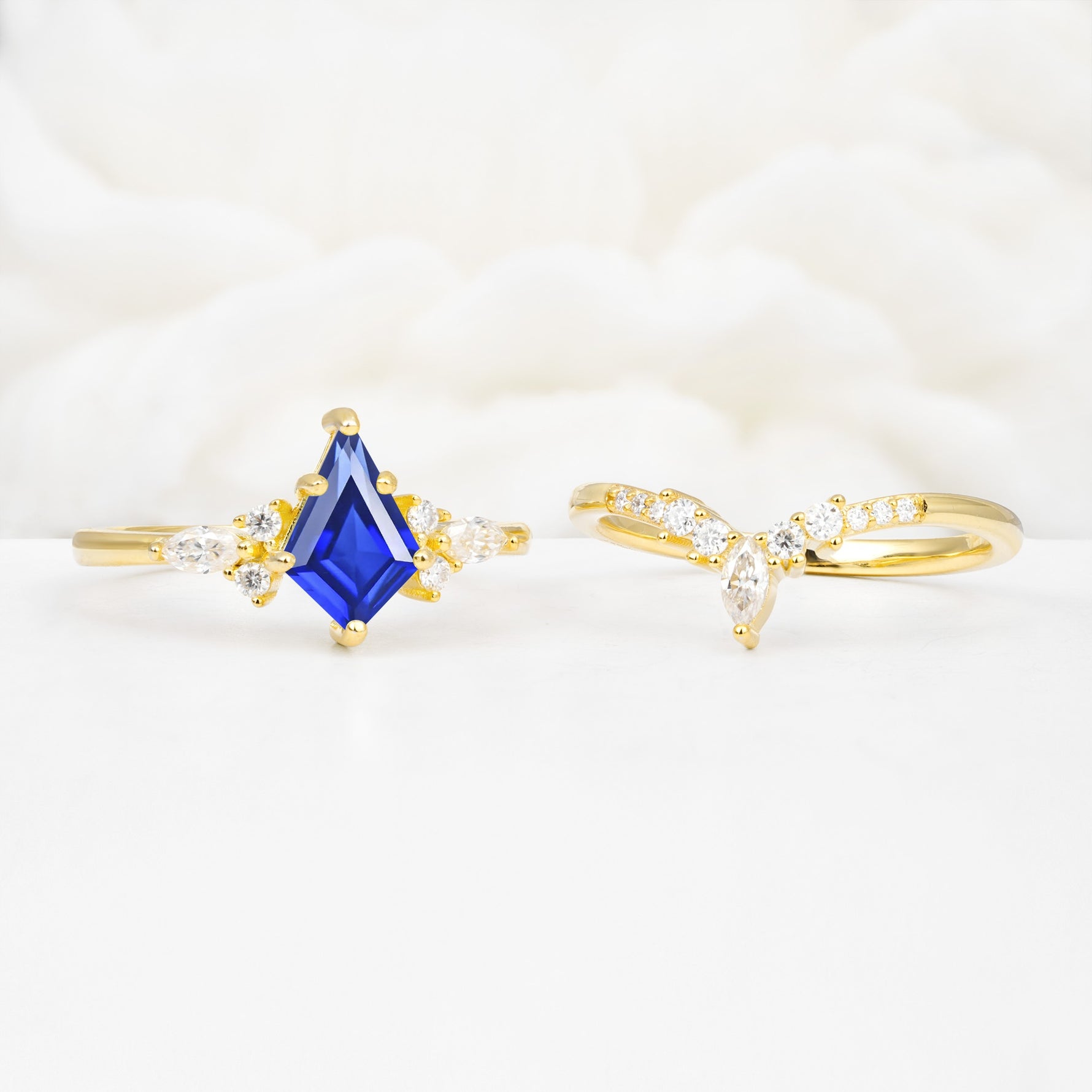 Vintage Kite Cut Split Shank Crown Sapphire Bridal Ring Set - White-Gold