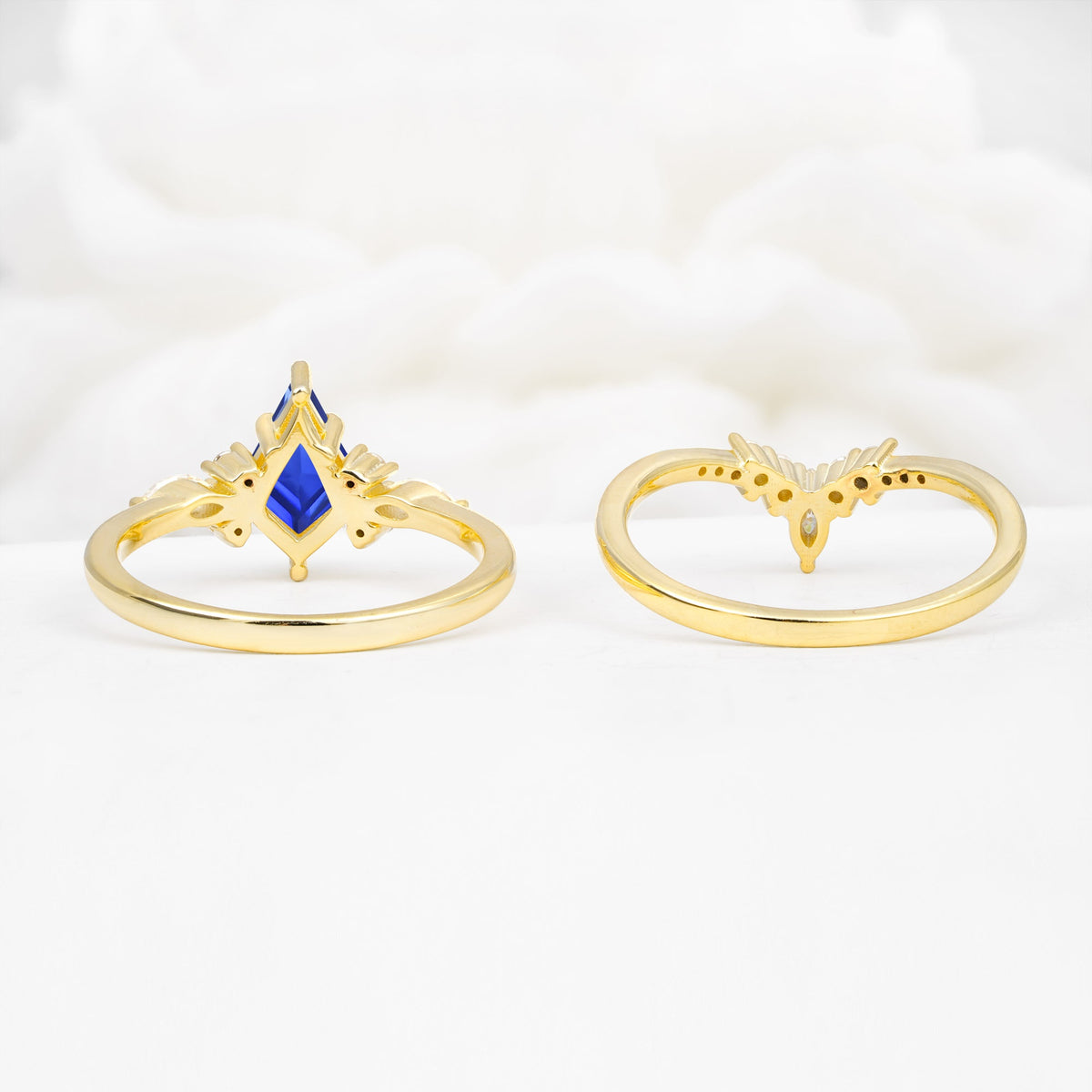 Vintage Kite Cut Split Shank Crown Sapphire Bridal Ring Set - Additional view