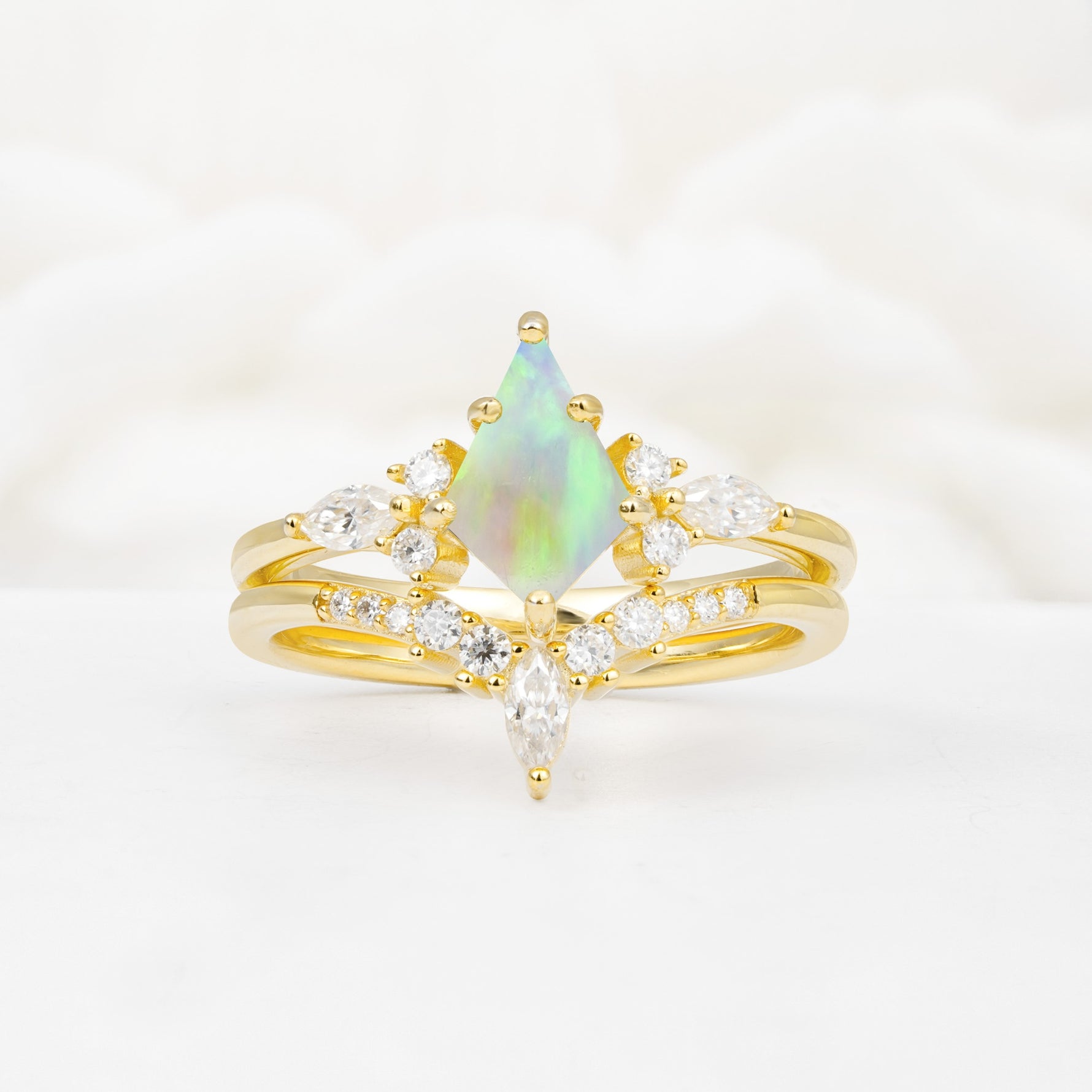 Vintage Kite Cut Split Shank Crown Fire Opal Bridal Ring Set - Yellow-Gold
