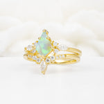 Vintage Kite Cut Split Shank Crown Fire Opal Bridal Ring Set - Rose-Gold