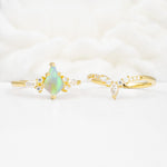 Vintage Kite Cut Split Shank Crown Fire Opal Bridal Ring Set - White-Gold