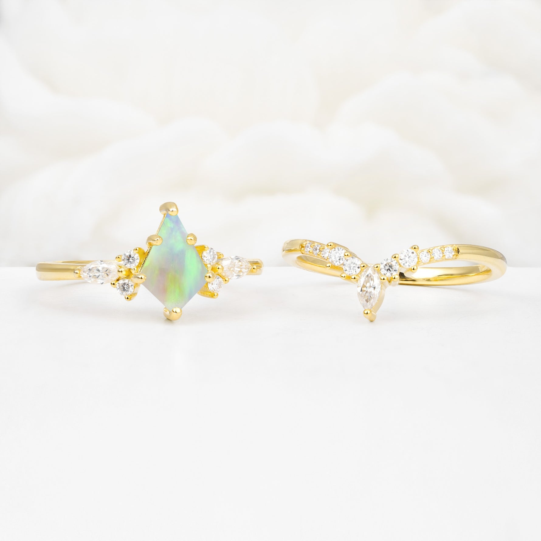 Vintage Kite Cut Split Shank Crown Fire Opal Bridal Ring Set - White-Gold