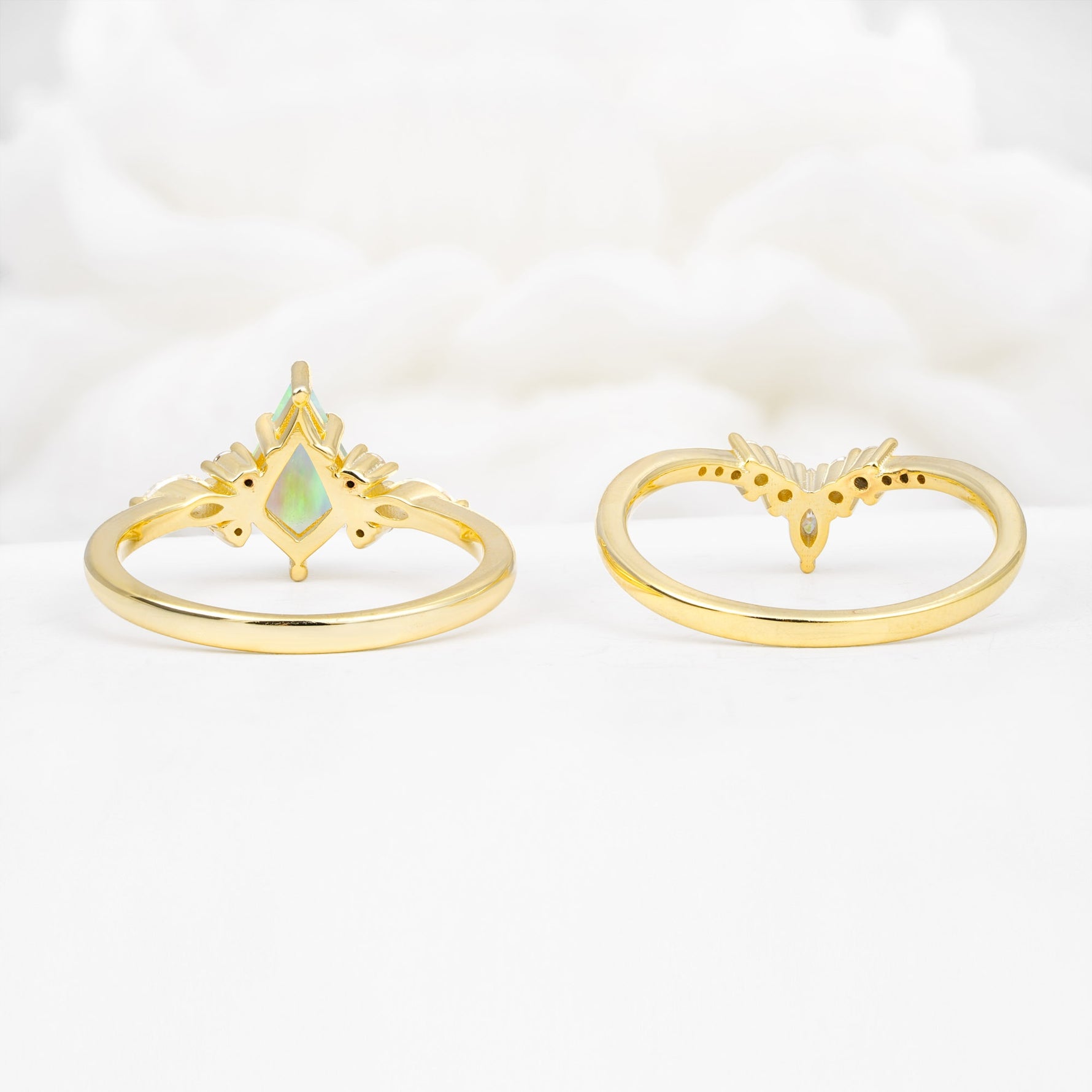 Vintage Kite Cut Split Shank Crown Fire Opal Bridal Ring Set - Additional view