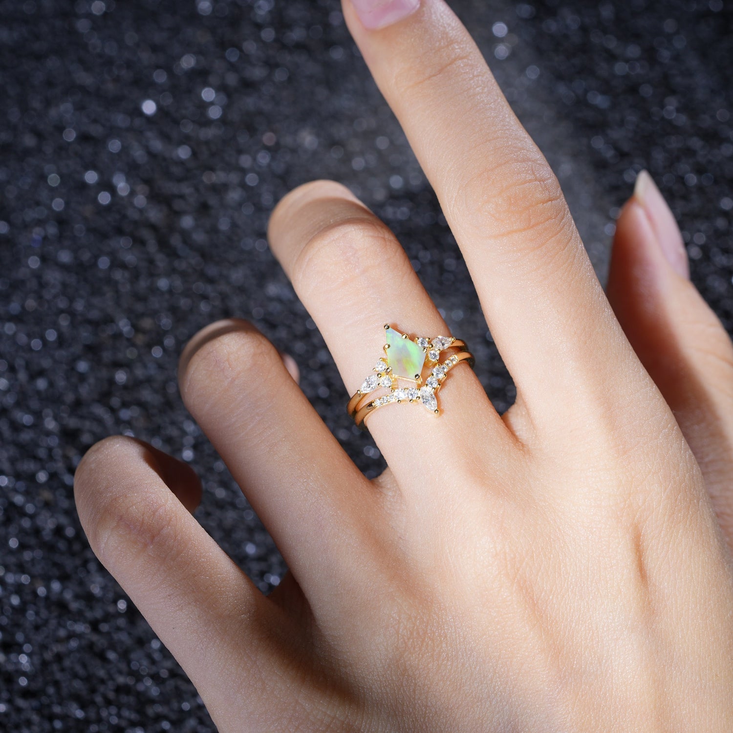 Vintage Kite Cut Split Shank Crown Fire Opal Bridal Ring Set - Additional view