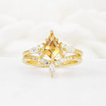 Vintage Kite Cut Split Shank Crown Citrine Bridal Ring Set - Yellow-Gold