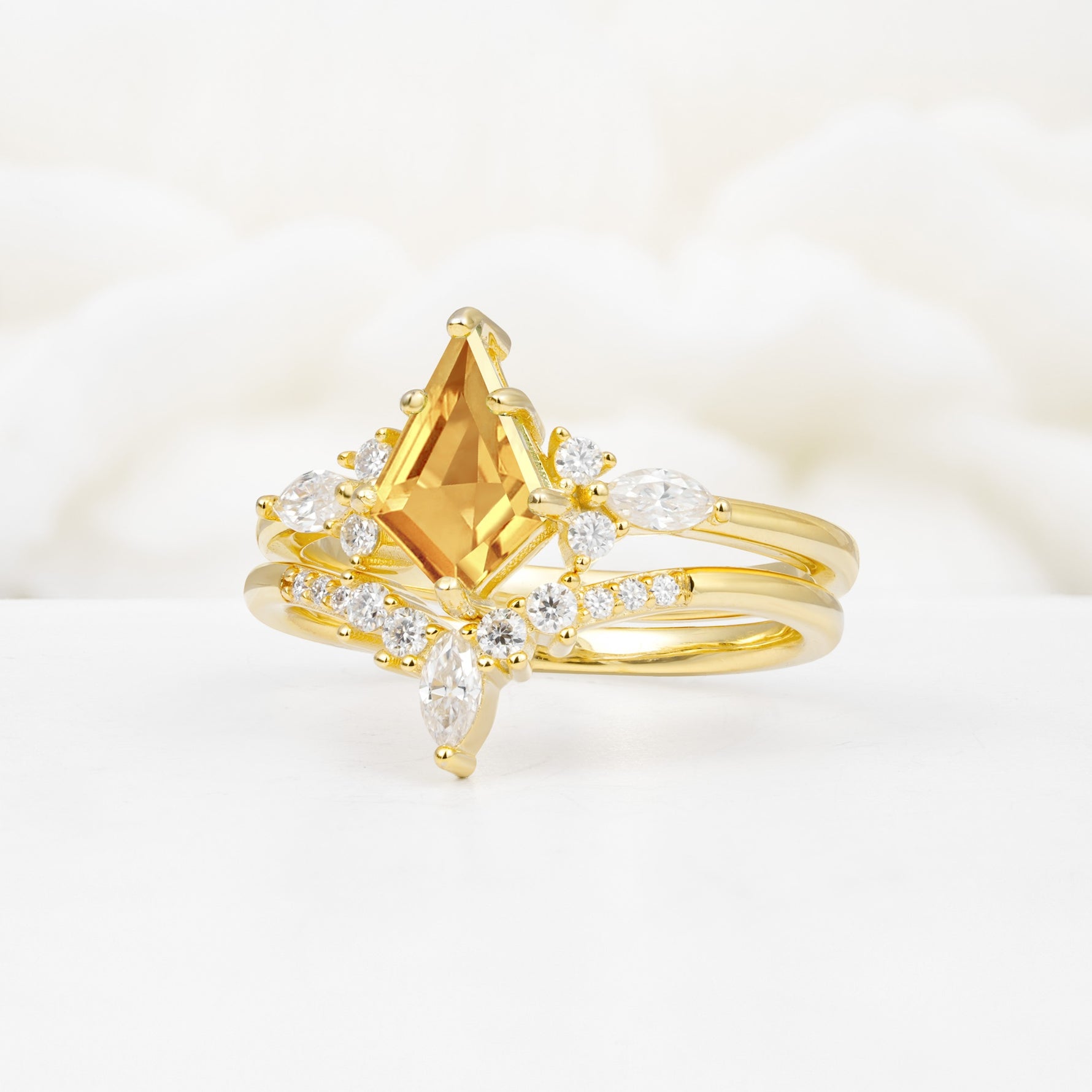 Vintage Kite Cut Split Shank Crown Citrine Bridal Ring Set - Rose-Gold