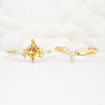 Vintage Kite Cut Split Shank Crown Citrine Bridal Ring Set - White-Gold