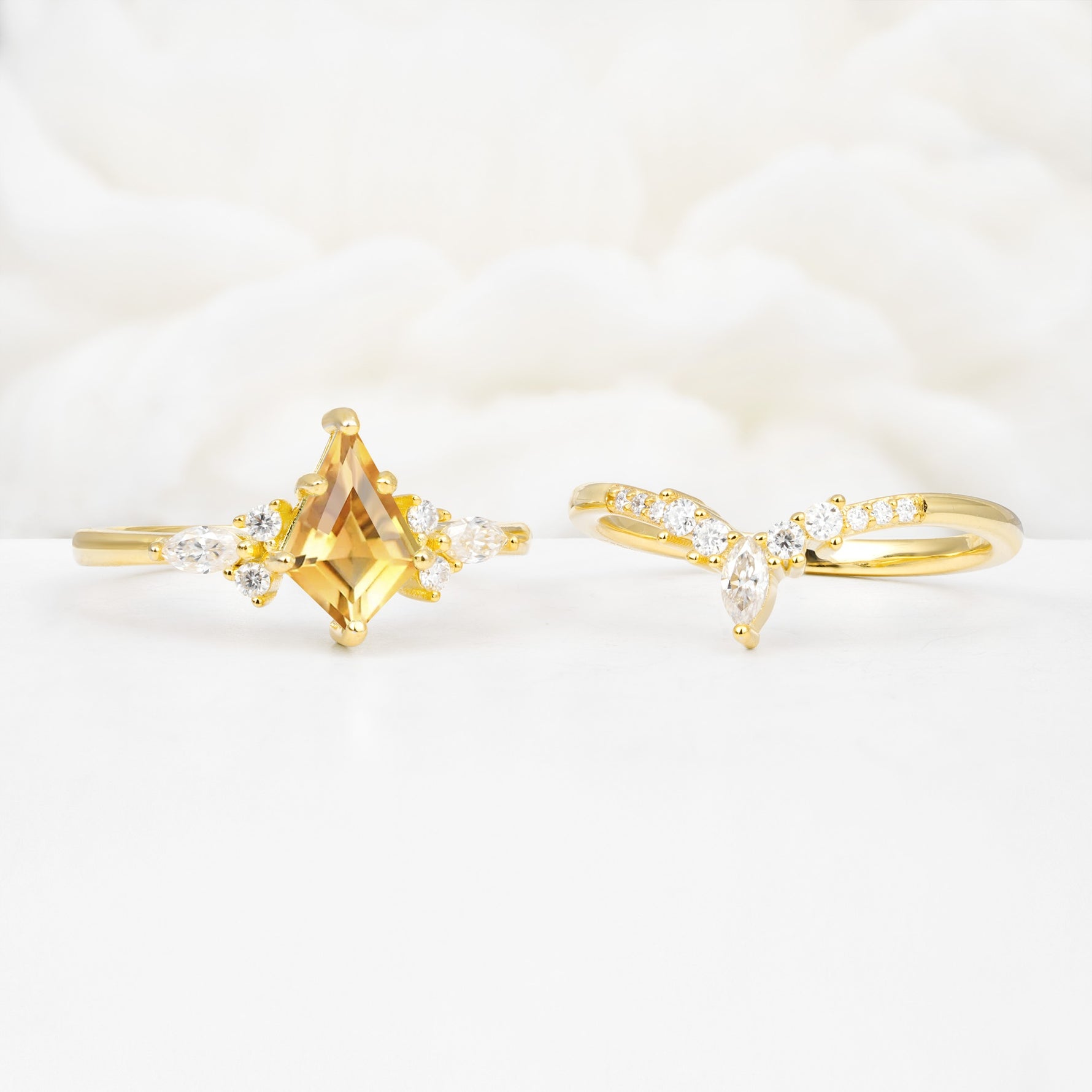 Vintage Kite Cut Split Shank Crown Citrine Bridal Ring Set - White-Gold
