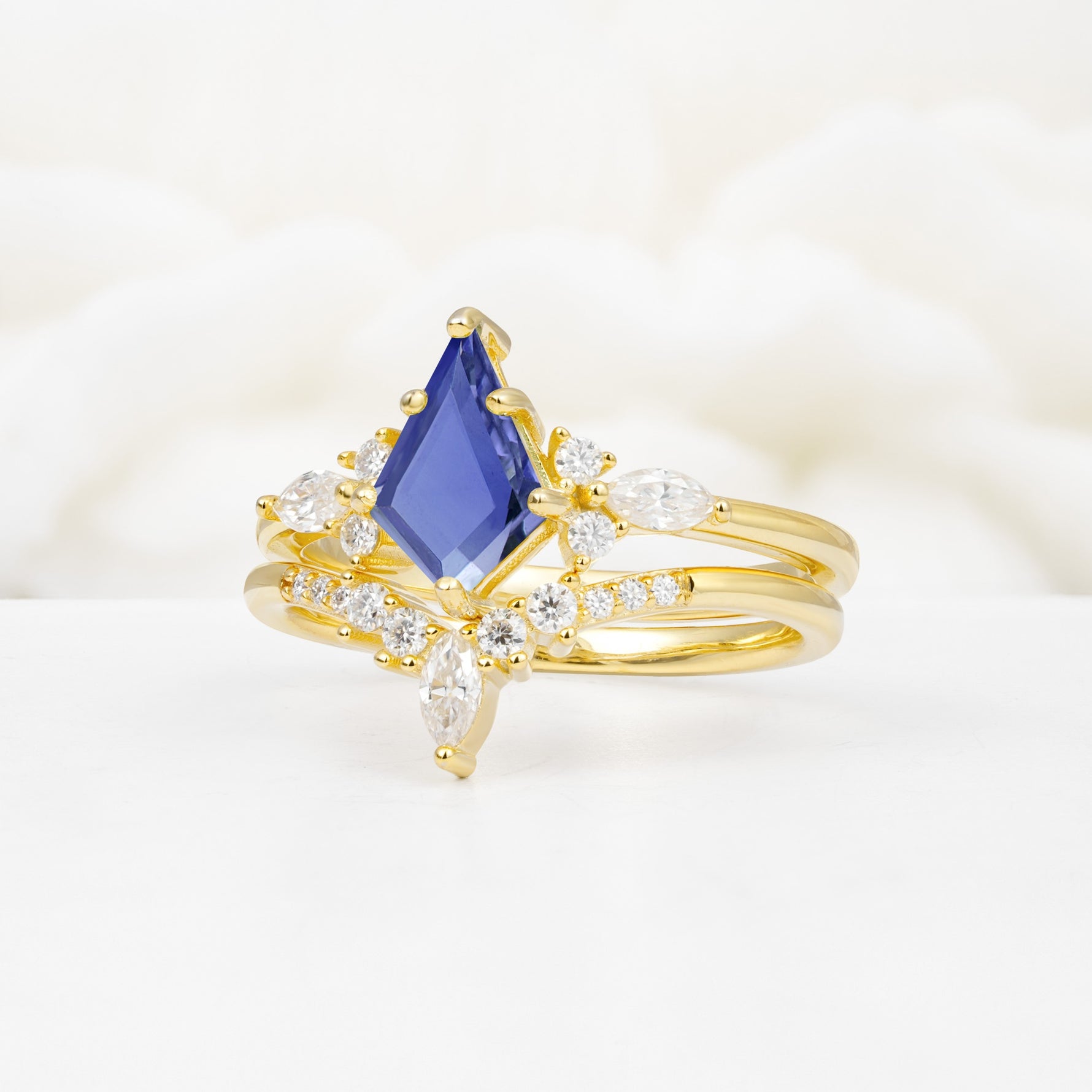 Vintage Kite Cut Split Shank Crown Tanzanite Bridal Ring Set - Rose-Gold