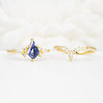 Vintage Kite Cut Split Shank Crown Tanzanite Bridal Ring Set - White-Gold