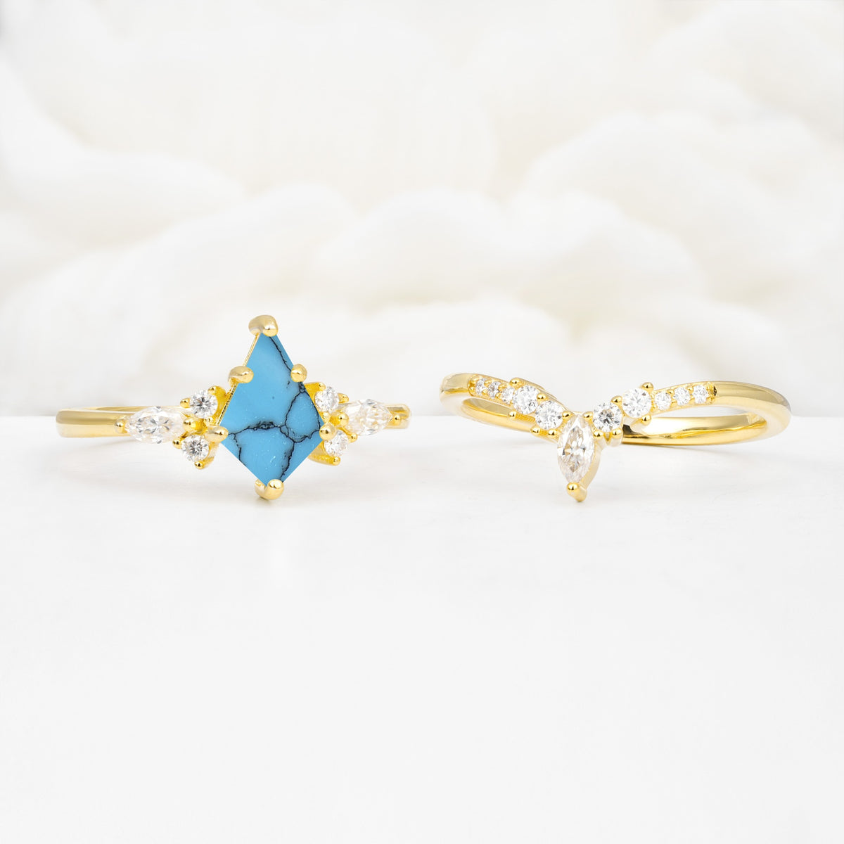 Vintage Kite Cut Split Shank Crown Turquoise Bridal Ring Set - White-Gold