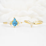Vintage Kite Cut Split Shank Crown Turquoise Bridal Ring Set - White-Gold