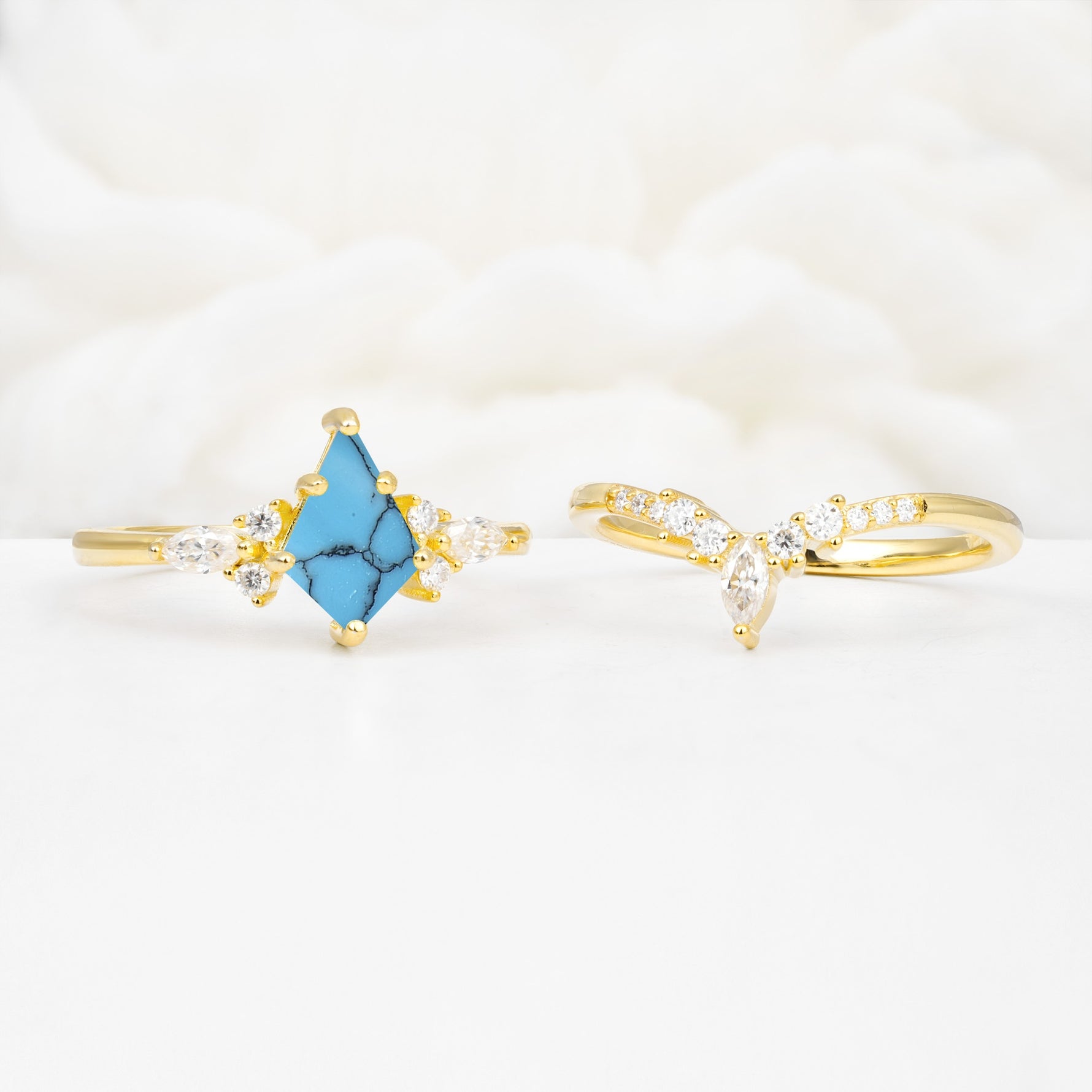 Vintage Kite Cut Split Shank Crown Turquoise Bridal Ring Set - White-Gold