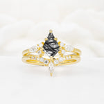 Vintage Kite Cut Split Shank Crown Black Rutilated Quartz Bridal Ring Set - Yellow-Gold