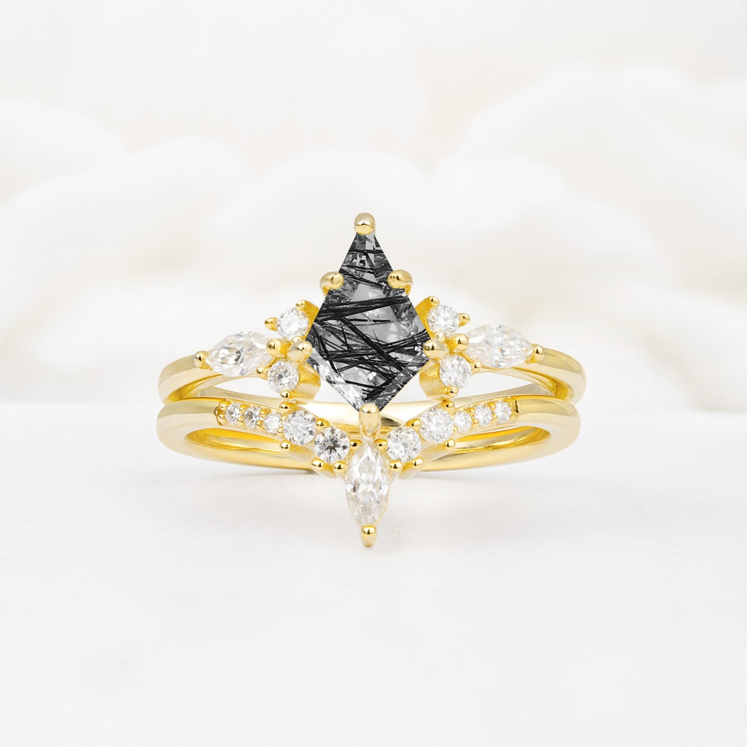 Vintage Kite Cut Split Shank Crown Black Rutilated Quartz Bridal Ring Set - Yellow-Gold