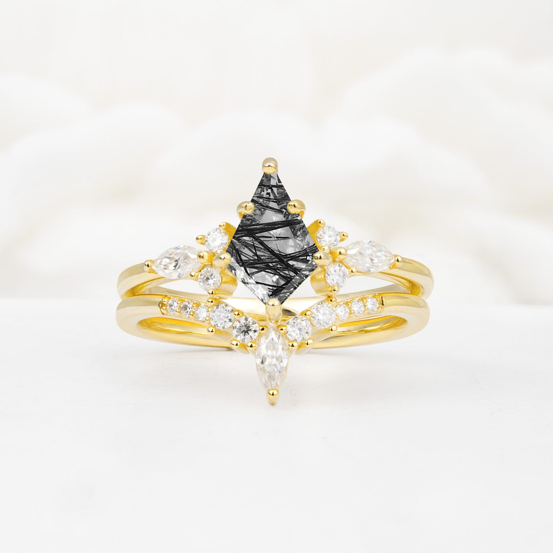 Vintage Kite Cut Split Shank Crown Black Rutilated Quartz Bridal Ring Set - Yellow-Gold