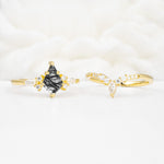 Vintage Kite Cut Split Shank Crown Black Rutilated Quartz Bridal Ring Set - White-Gold