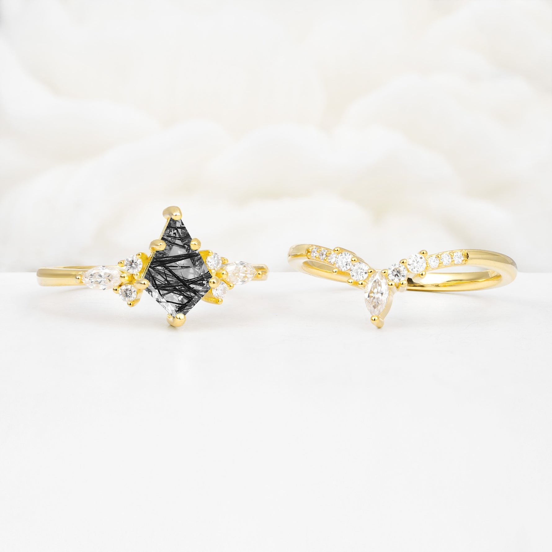 Vintage Kite Cut Split Shank Crown Black Rutilated Quartz Bridal Ring Set - White-Gold