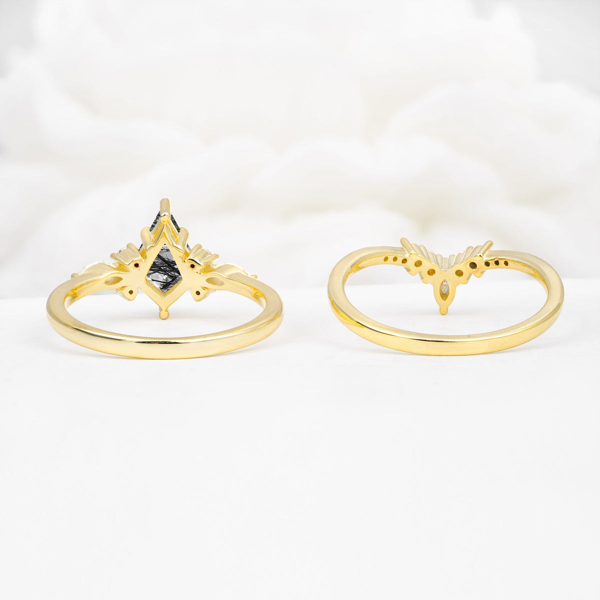 Vintage Kite Cut Split Shank Crown Black Rutilated Quartz Bridal Ring Set - Additional view
