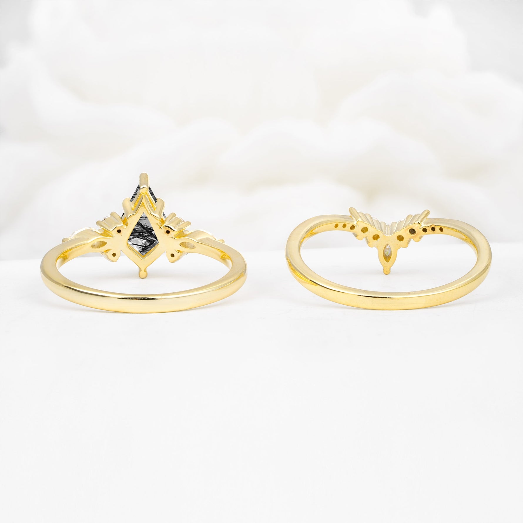 Vintage Kite Cut Split Shank Crown Black Rutilated Quartz Bridal Ring Set - Additional view