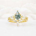 Vintage Kite Cut Split Shank Crown Moss Agate Bridal Ring Set - Yellow-Gold