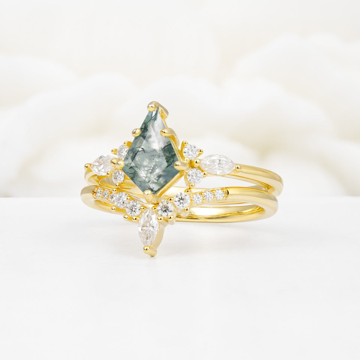 Vintage Kite Cut Split Shank Crown Moss Agate Bridal Ring Set - Rose-Gold