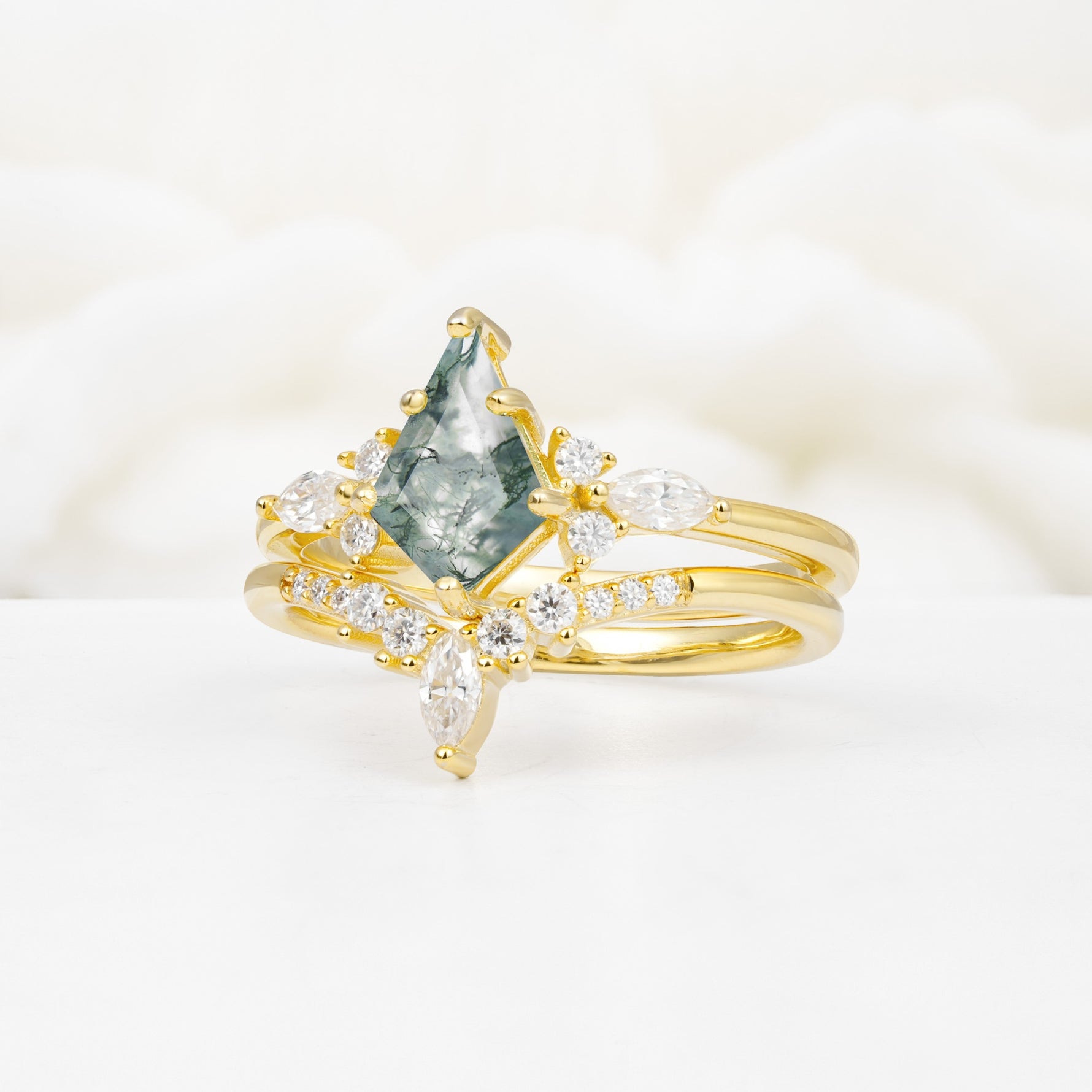 Vintage Kite Cut Split Shank Crown Moss Agate Bridal Ring Set - Rose-Gold