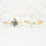 Vintage Kite Cut Split Shank Crown Moss Agate Bridal Ring Set - White-Gold