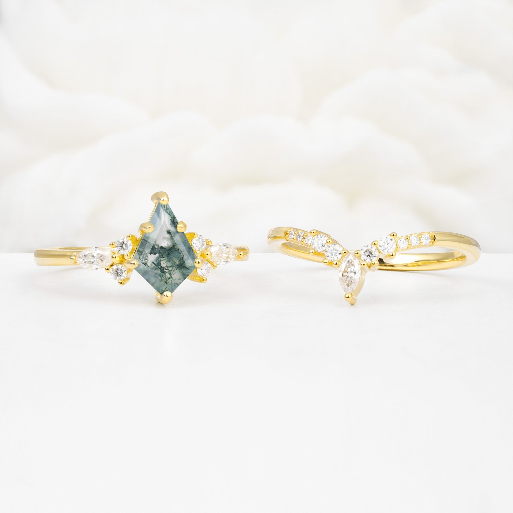 Vintage Kite Cut Split Shank Crown Moss Agate Bridal Ring Set - White-Gold