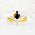 Vintage Kite Cut Split Shank Crown Black Onyx Bridal Ring Set - Yellow-Gold