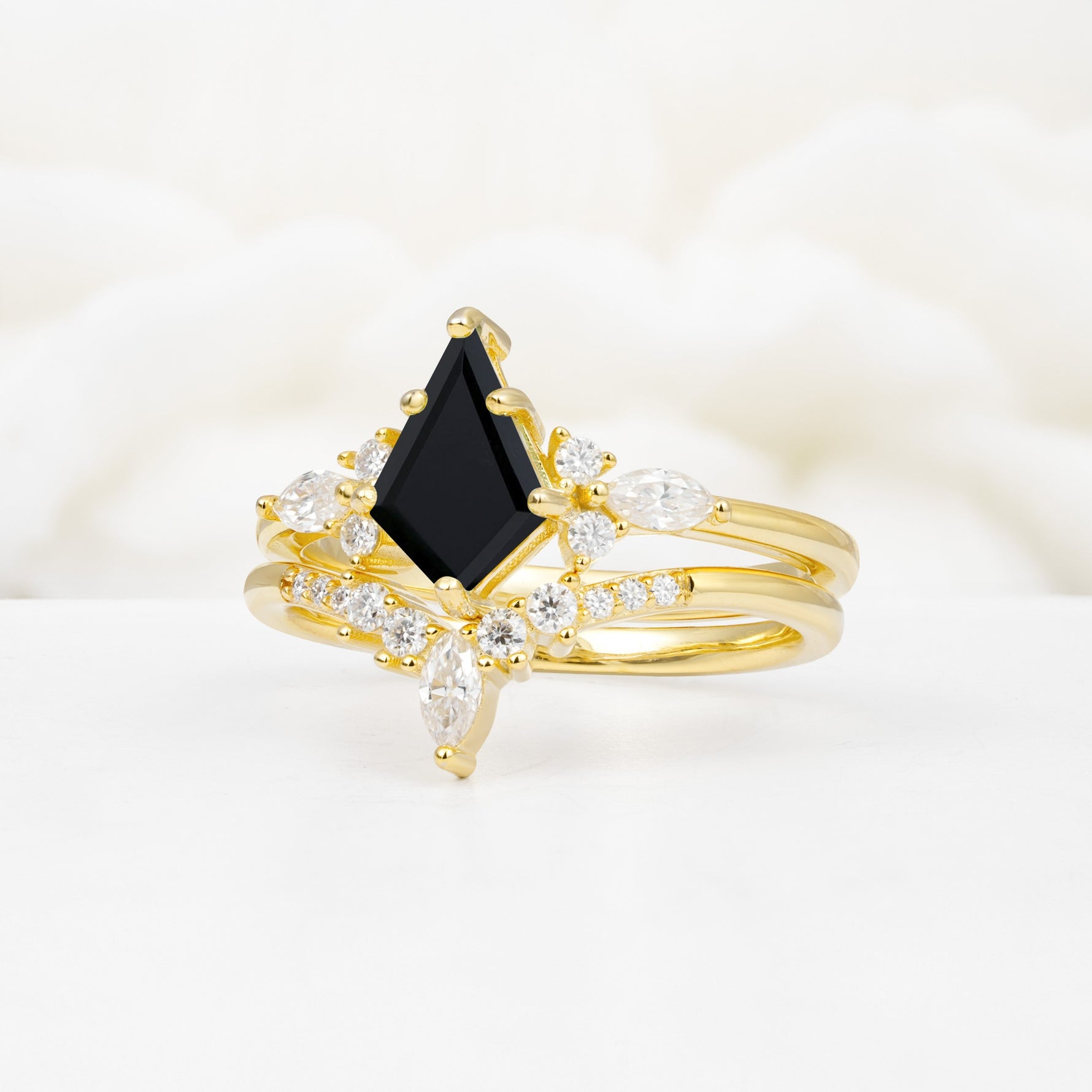 Vintage Kite Cut Split Shank Crown Black Onyx Bridal Ring Set - Rose-Gold