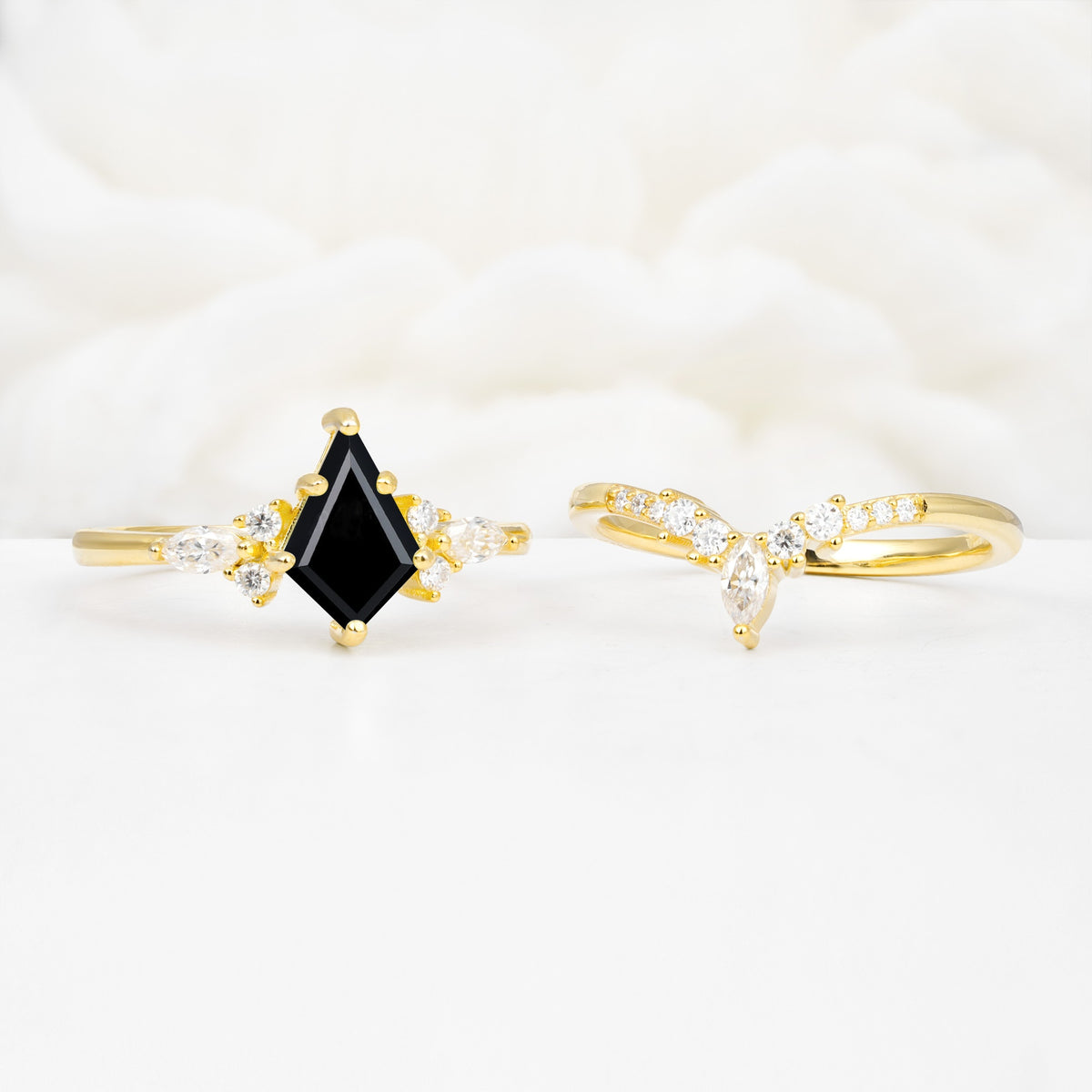 Vintage Kite Cut Split Shank Crown Black Onyx Bridal Ring Set - White-Gold
