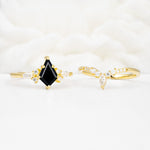 Vintage Kite Cut Split Shank Crown Black Onyx Bridal Ring Set - White-Gold