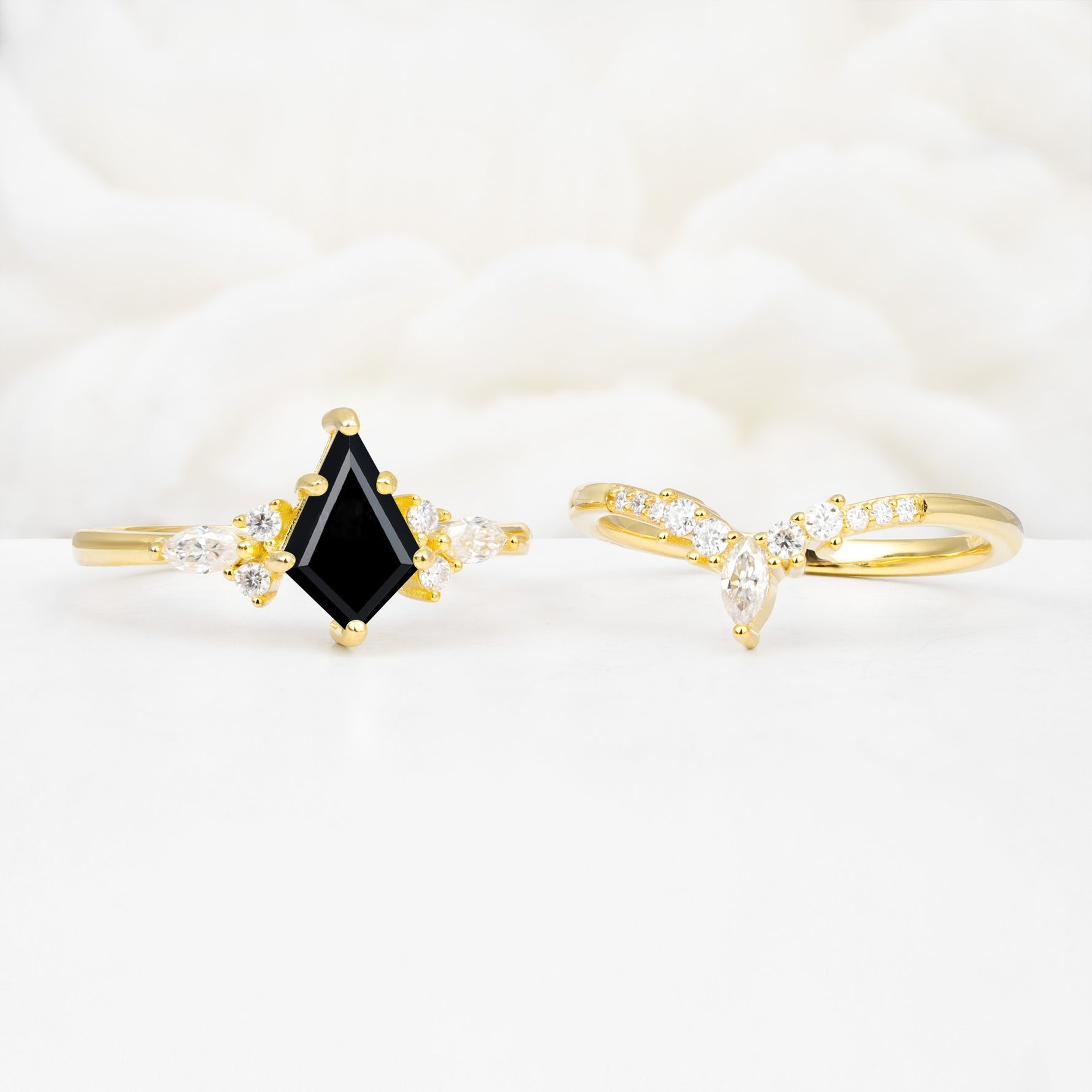 Vintage Kite Cut Split Shank Crown Black Onyx Bridal Ring Set - White-Gold