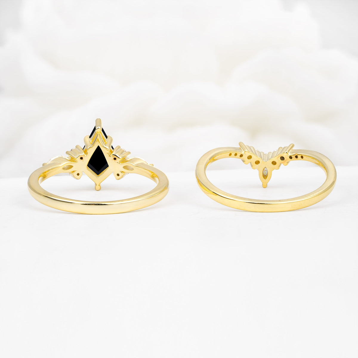 Vintage Kite Cut Split Shank Crown Black Onyx Bridal Ring Set - Additional view