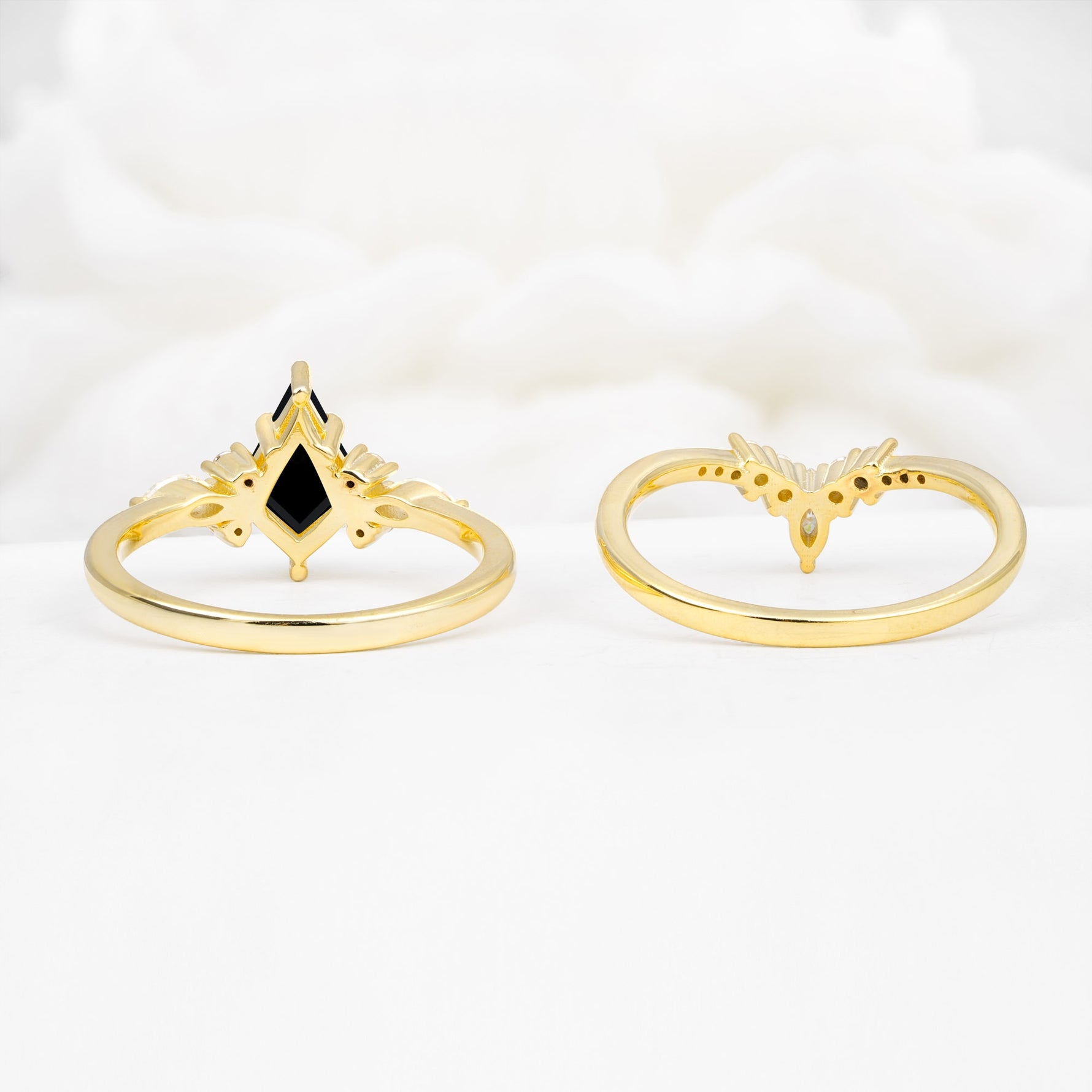 Vintage Kite Cut Split Shank Crown Black Onyx Bridal Ring Set - Additional view
