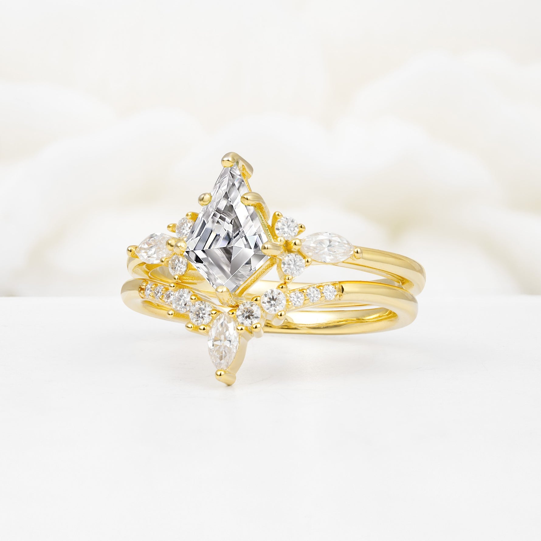 Vintage Kite Cut Split Shank Crown Lab Diamond Bridal Ring Set - Rose-Gold