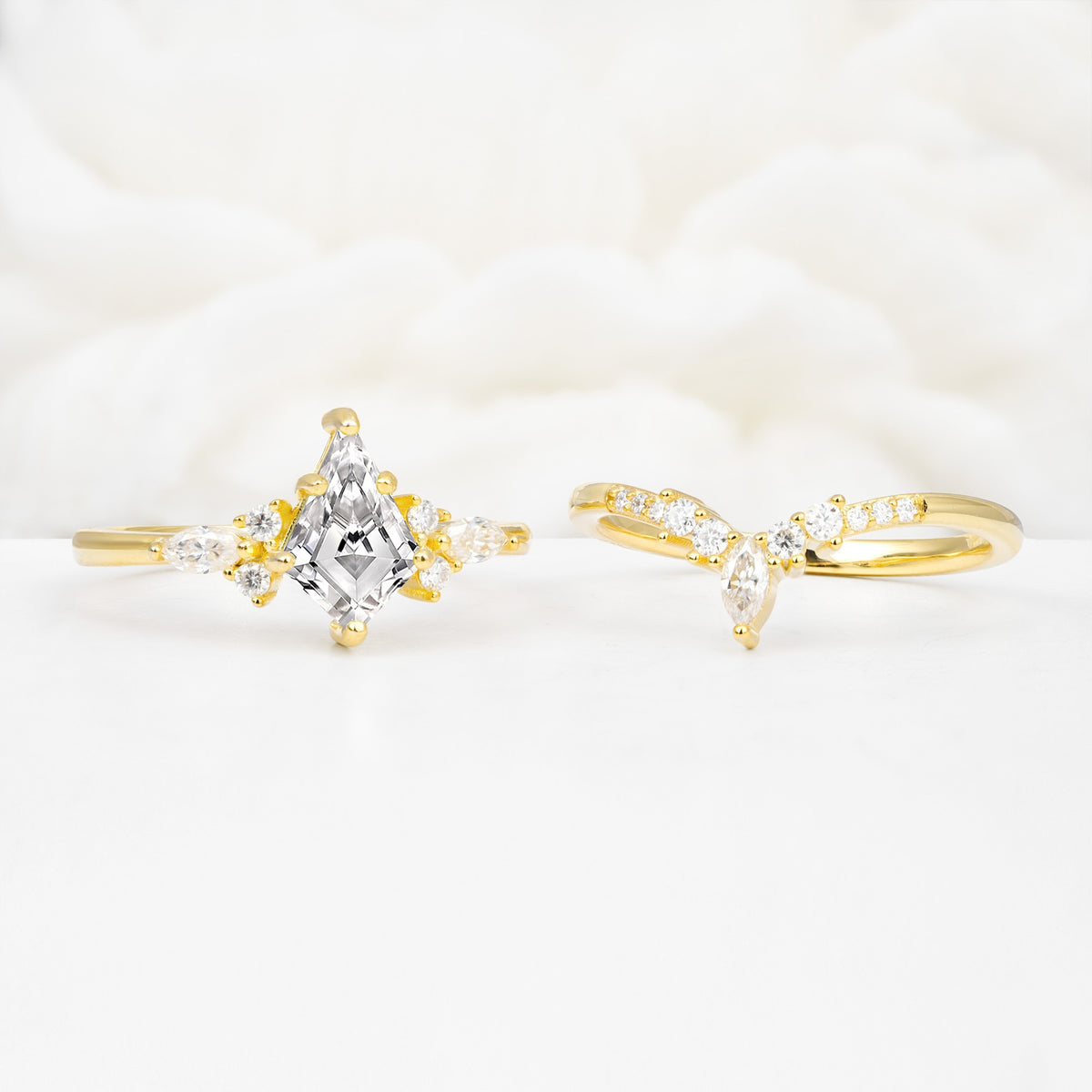 Vintage Kite Cut Split Shank Crown Lab Diamond Bridal Ring Set - White-Gold
