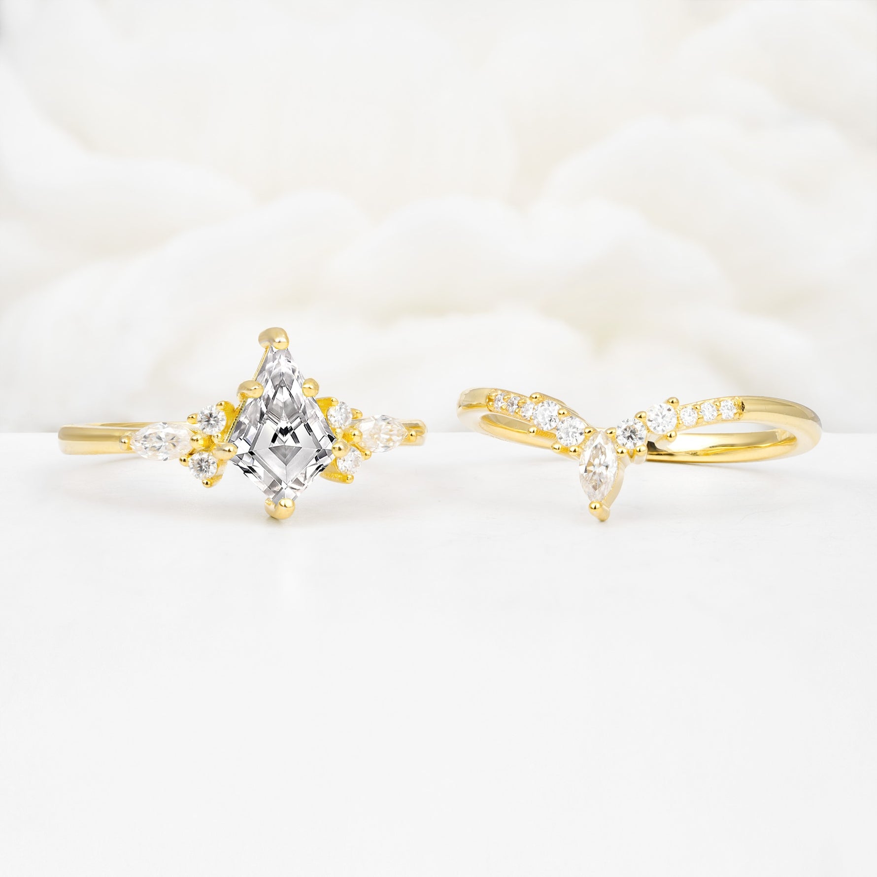 Vintage Kite Cut Split Shank Crown Lab Diamond Bridal Ring Set - White-Gold