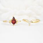 Vintage Kite Cut Split Shank Crown Garnet Bridal Ring Set - White-Gold