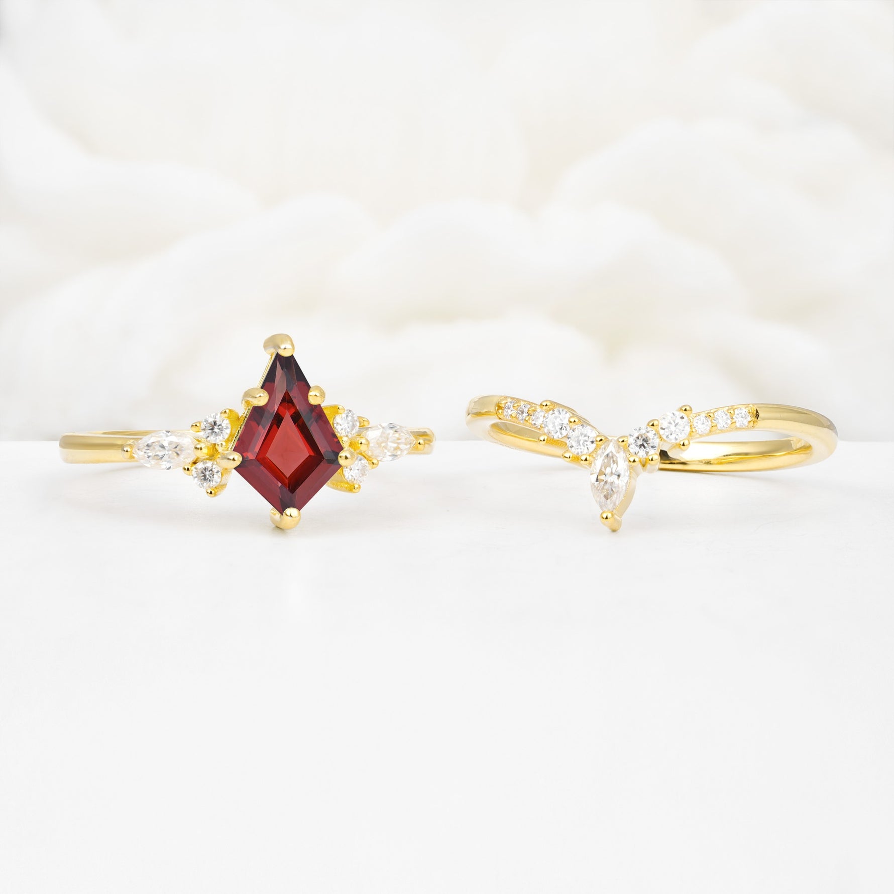 Vintage Kite Cut Split Shank Crown Garnet Bridal Ring Set - White-Gold
