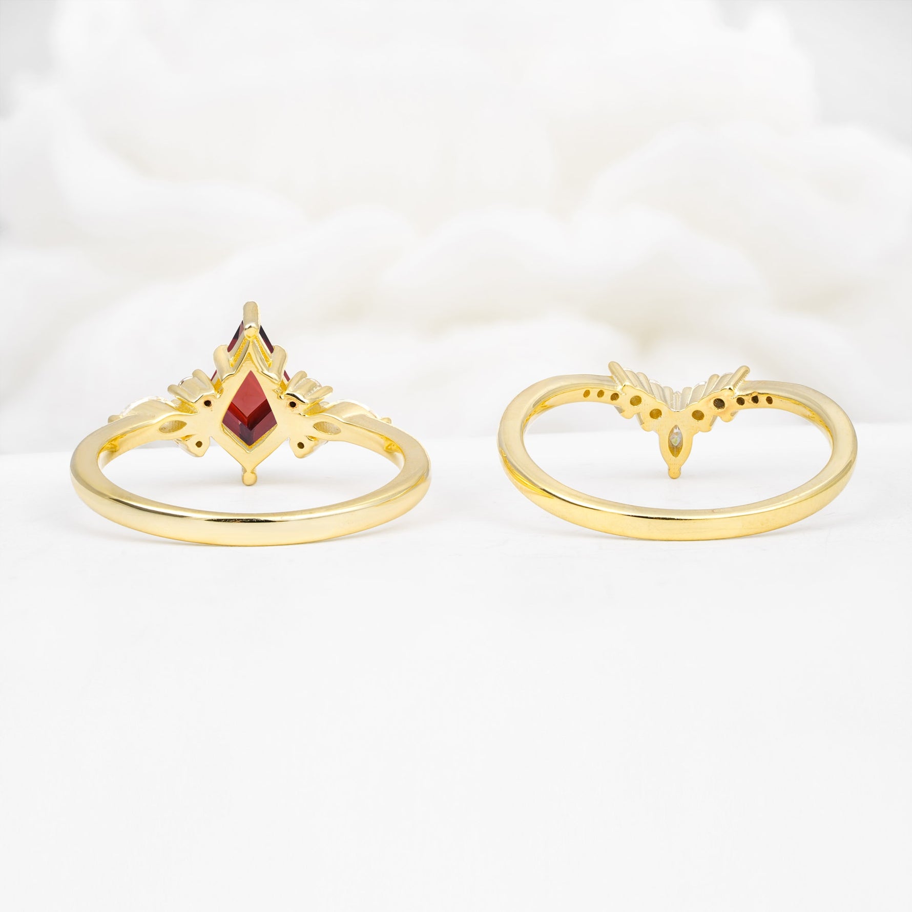 Vintage Kite Cut Split Shank Crown Garnet Bridal Ring Set - Additional view