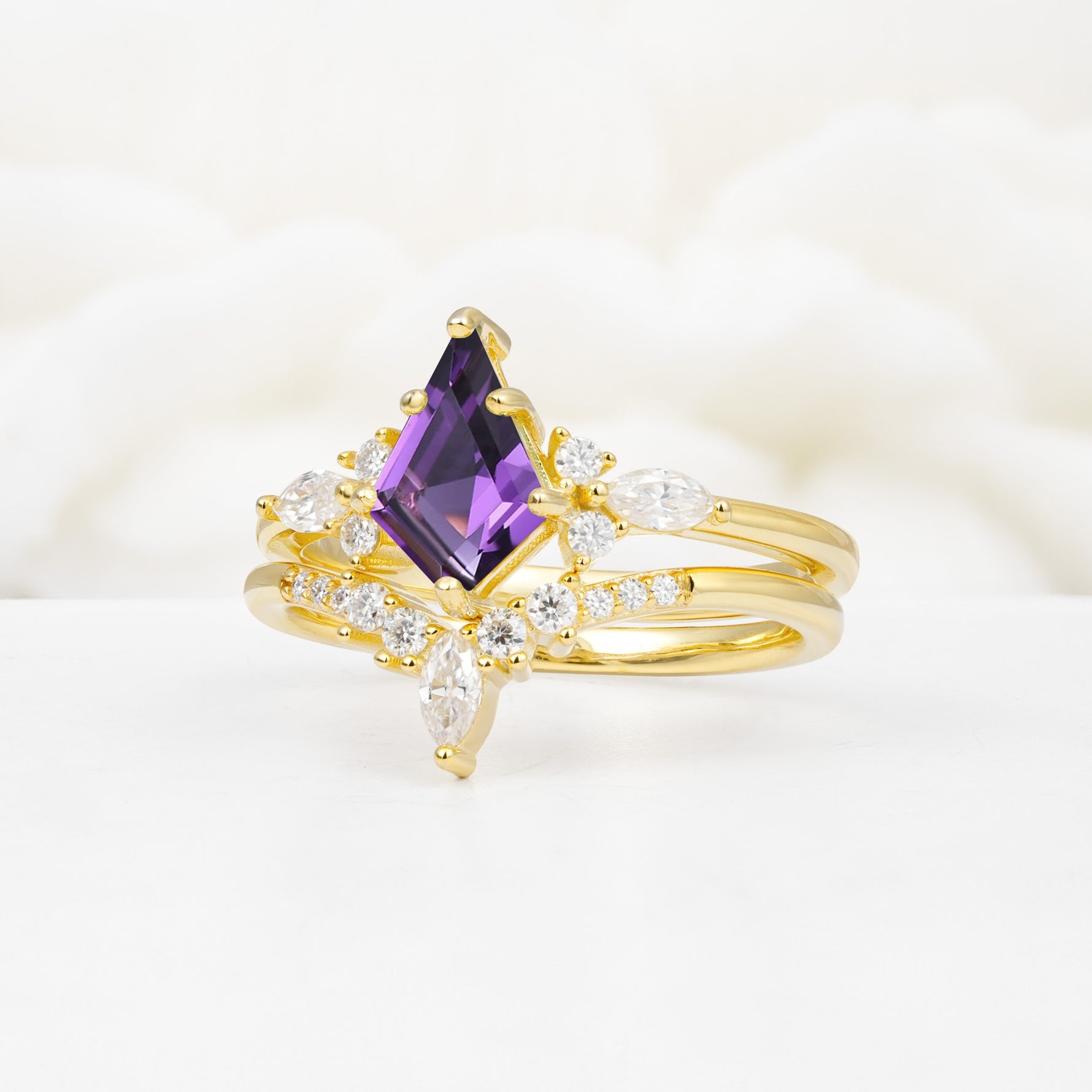 Vintage Kite Cut Split Shank Crown Amethyst Bridal Ring Set - Rose-Gold