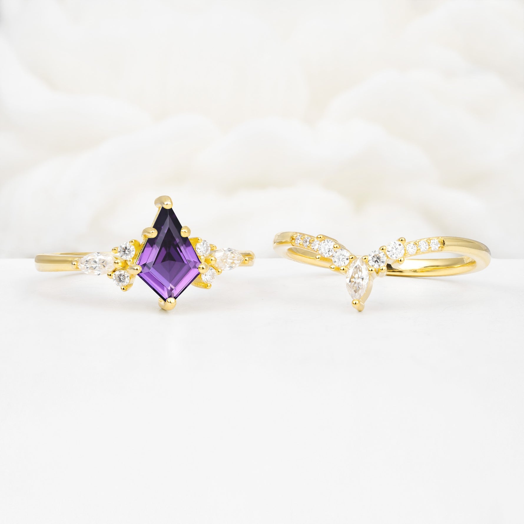 Vintage Kite Cut Split Shank Crown Amethyst Bridal Ring Set - White-Gold