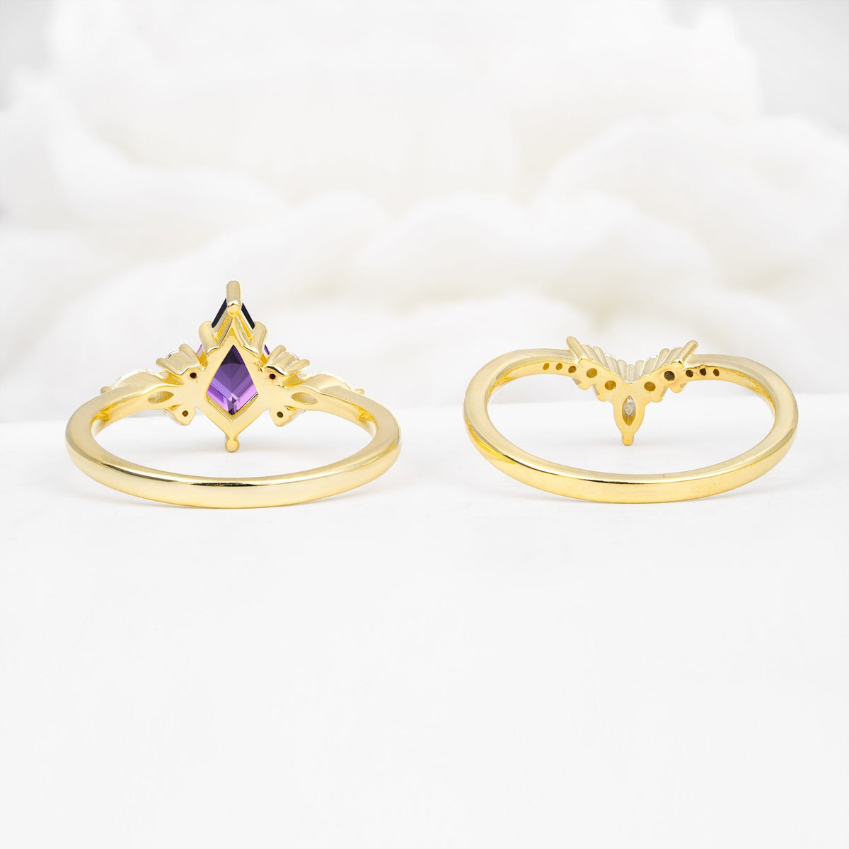 Vintage Kite Cut Split Shank Crown Amethyst Bridal Ring Set - Additional view
