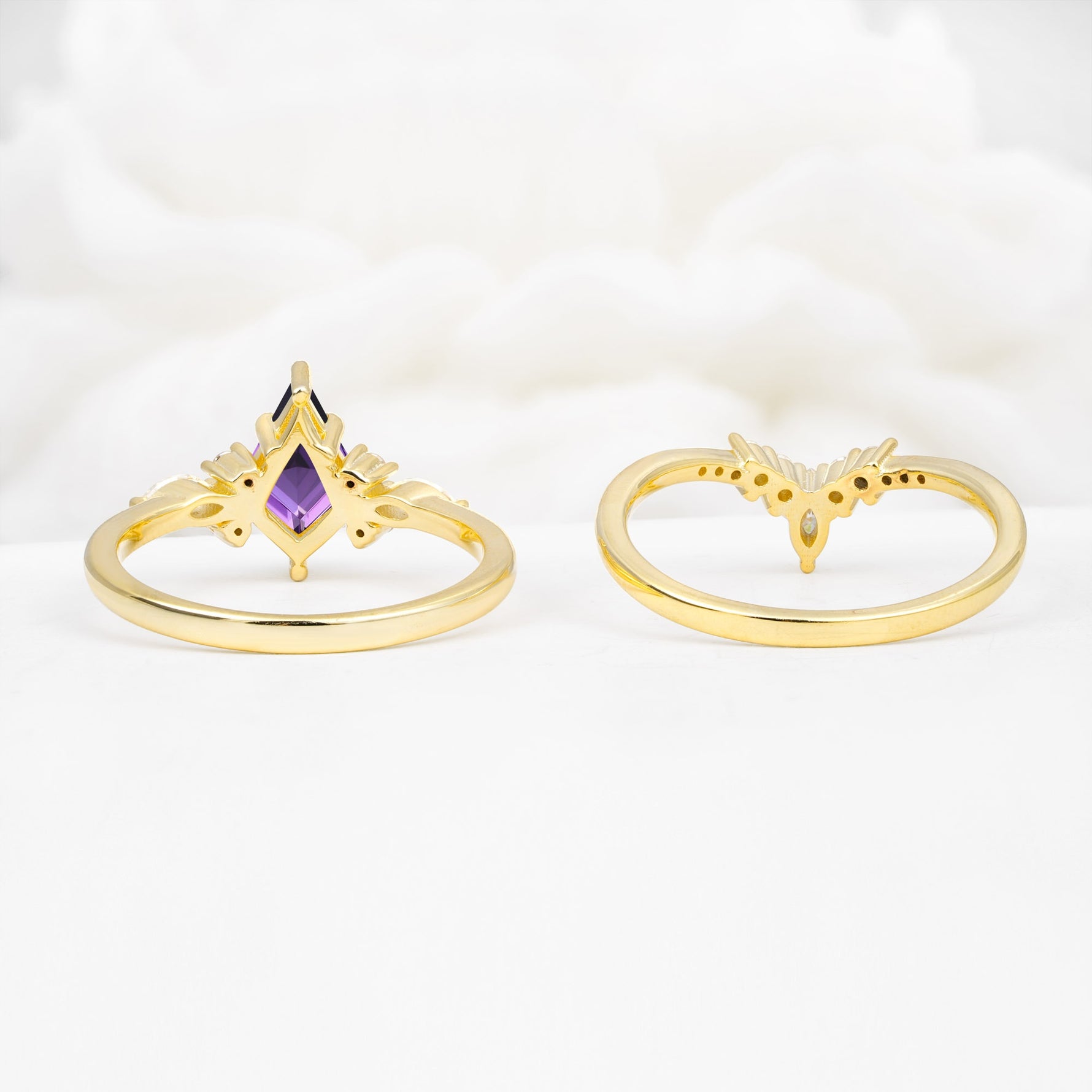 Vintage Kite Cut Split Shank Crown Amethyst Bridal Ring Set - Additional view