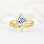 Vintage Kite Cut Split Shank Crown Aquamarine Bridal Ring Set - Yellow-Gold