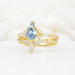 Vintage Kite Cut Split Shank Crown Aquamarine Bridal Ring Set - Rose-Gold